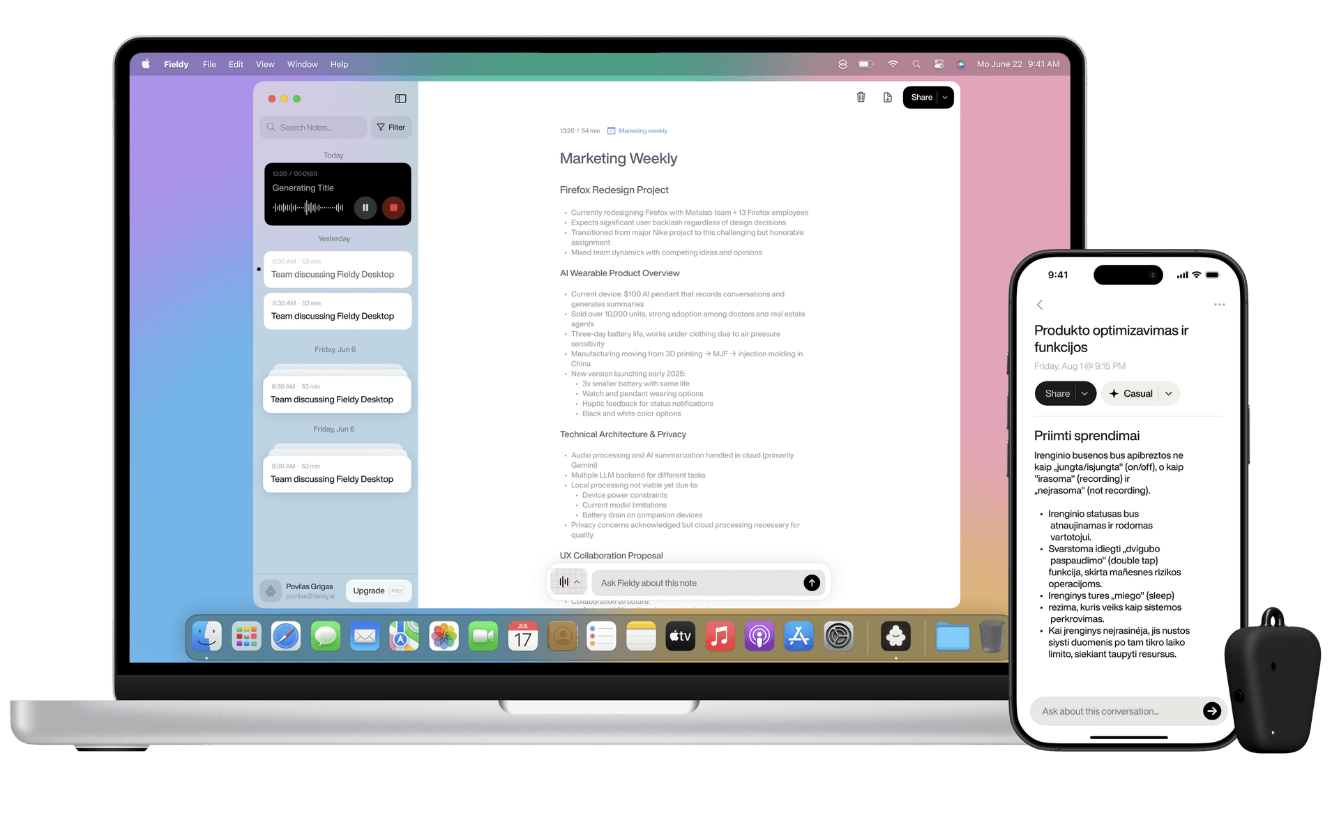 Fieldy Desktop App showing meeting transcription on MacBook and iPhone