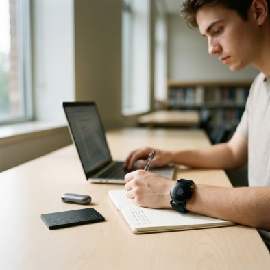 Student taking notes in a library while wearing a wrist AI note taker, with AI recorders on the desk
