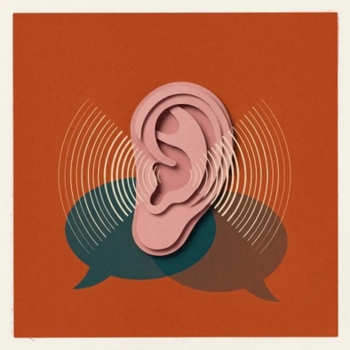 Paper-cut illustration of an ear with sound waves over two overlapping speech bubbles, representing AI note taking for in-person conversations