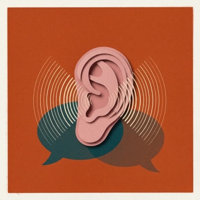 Paper-cut illustration of an ear with sound waves over two overlapping speech bubbles, representing AI note taking for in-person conversations