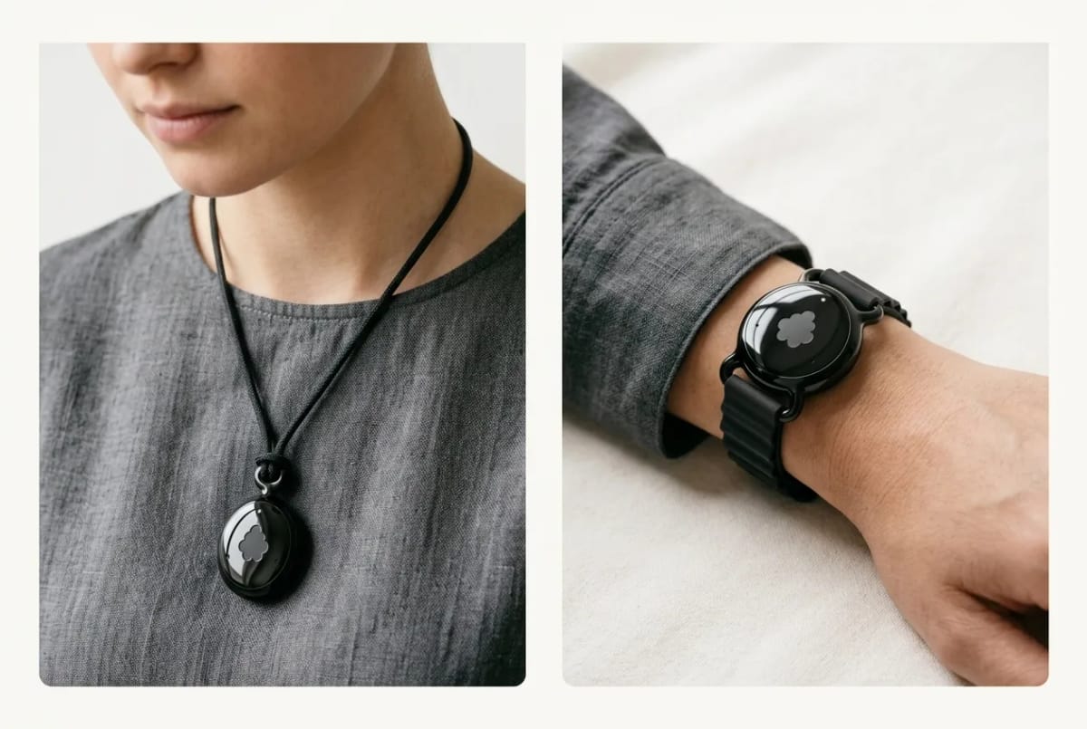 Fieldy 3 worn as a pendant on a cord and as a watch on a wristband