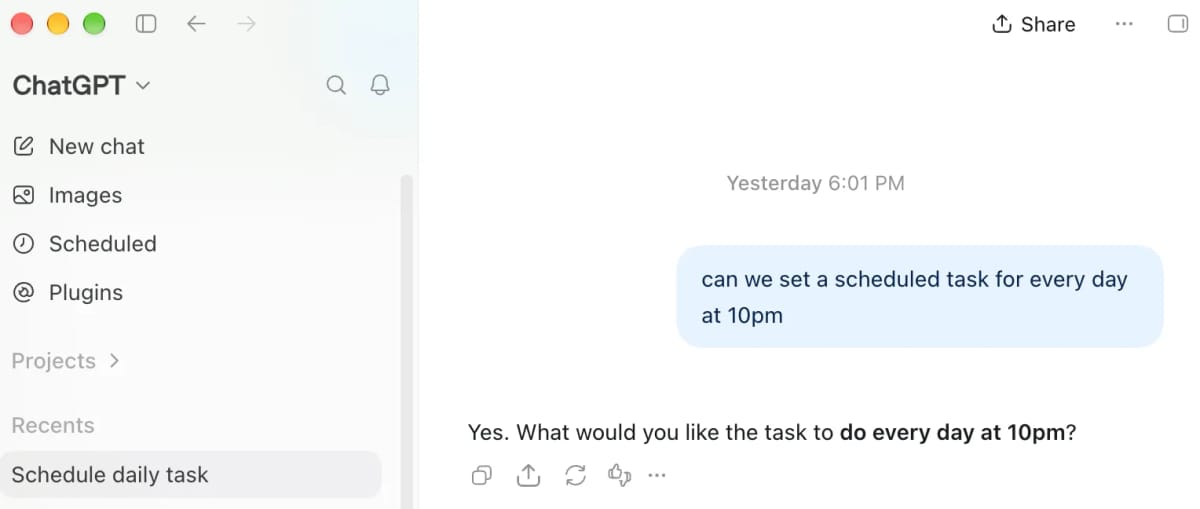 ChatGPT agreeing to set up a scheduled task for every day at 10pm