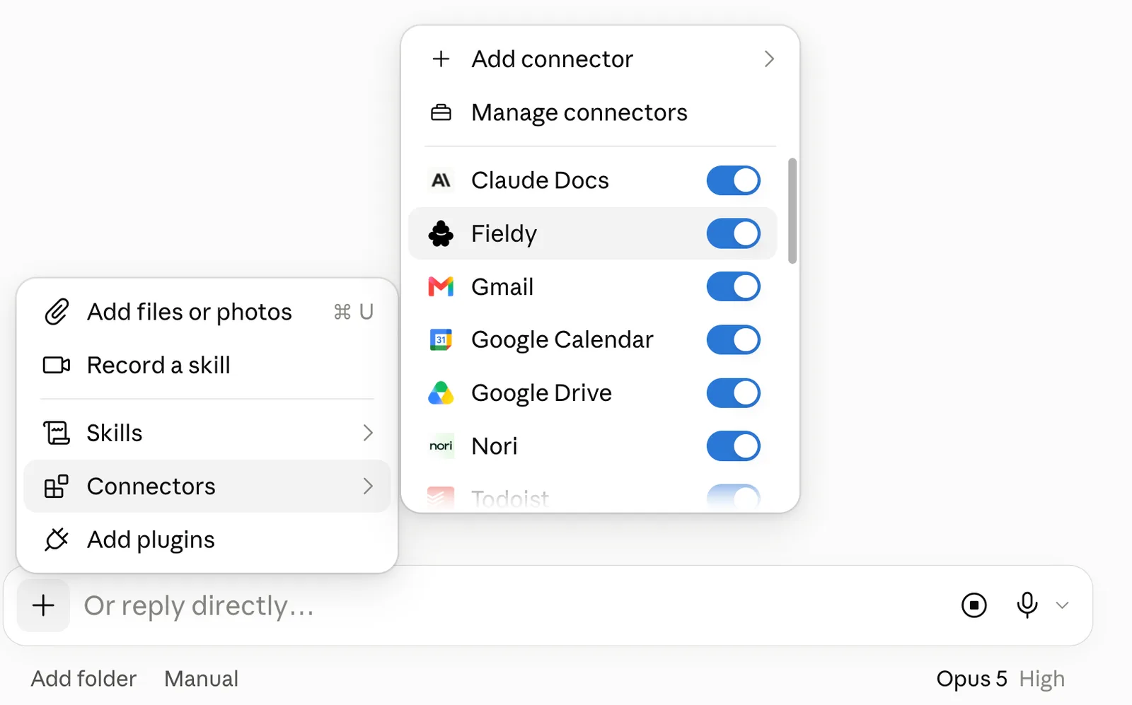 Claude's Connectors menu with the Fieldy connector toggled on