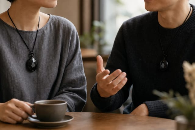 Two friends at a cafe table, both wearing a Fieldy pendant