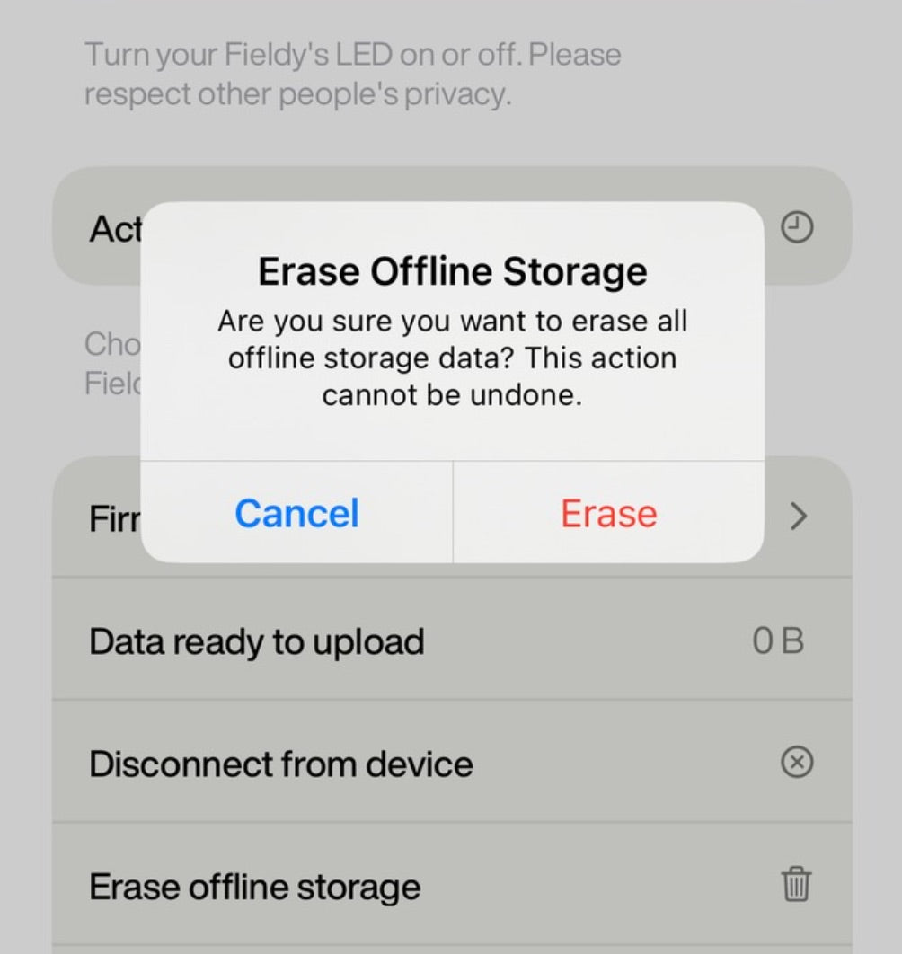 Erase Offline Storage confirmation dialog in the Fieldy app