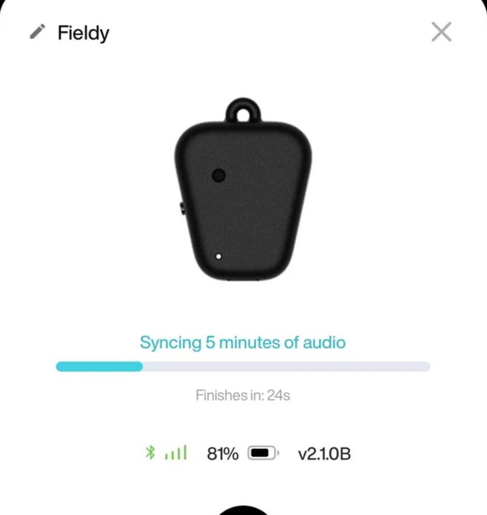 Fieldy device screen showing sync progress and the estimated time to finish