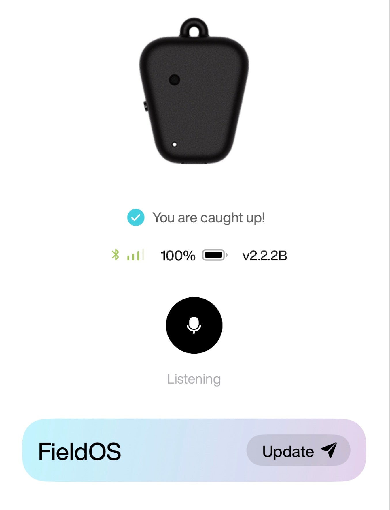 Fieldy device screen showing firmware v2.2.2B and the FieldOS Update button