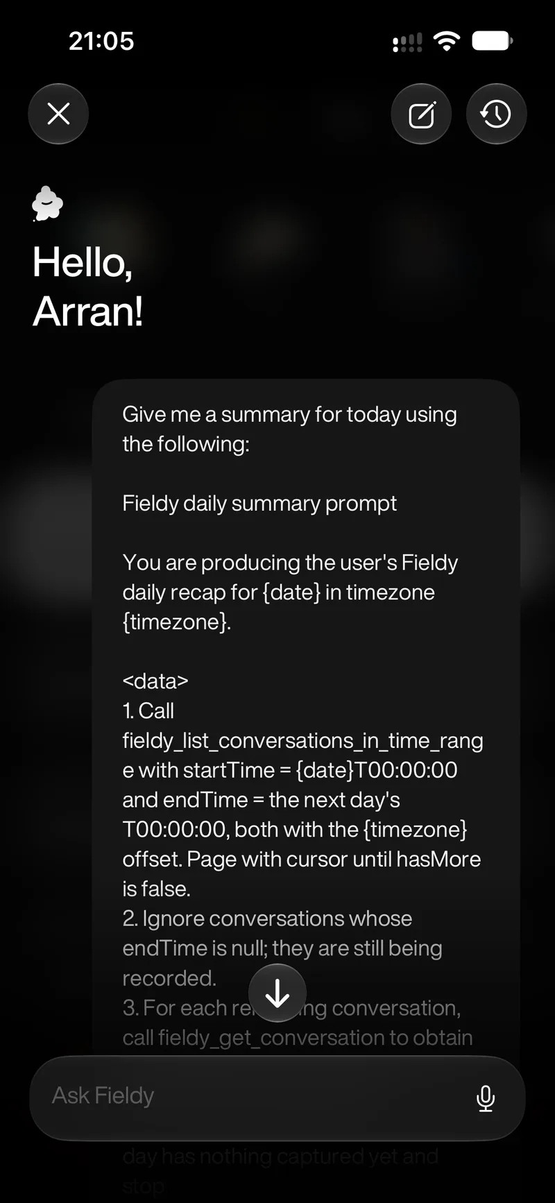 The Fieldy daily summary prompt pasted into the Fieldy chat in the Fieldy app