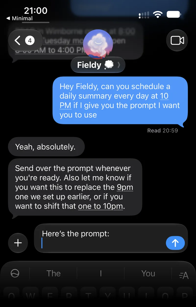 Asking Fieldy Sidekick over iMessage to schedule a daily summary at 10 PM