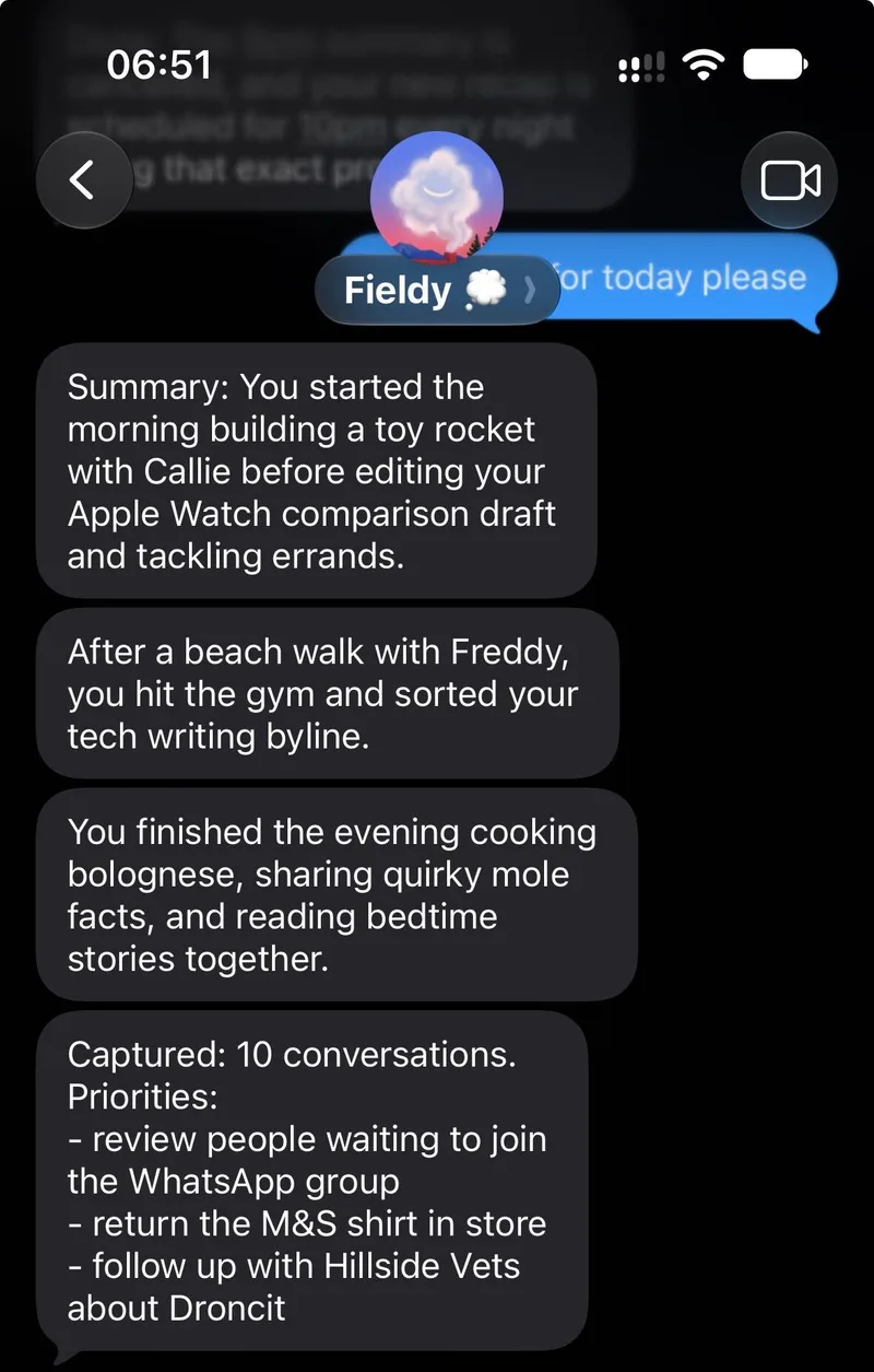 A daily summary from Fieldy Sidekick in iMessage, with a recap, conversation count, and three priorities