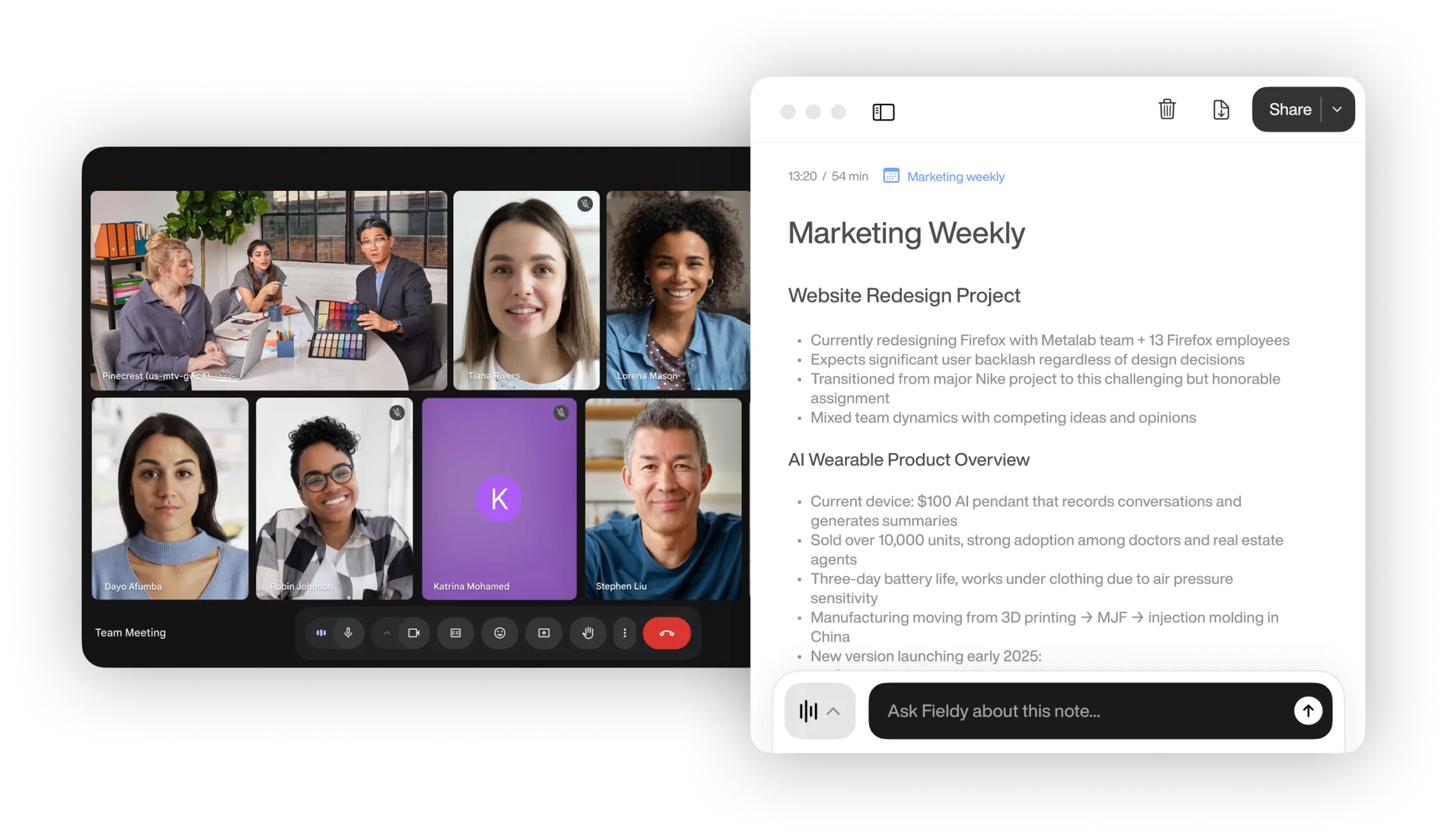 Fieldy Desktop App showing meeting transcription on MacBook and iPhone