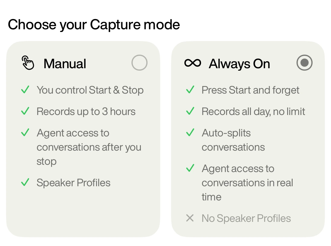 Fieldy's Capture mode selector in device settings with Always On selected